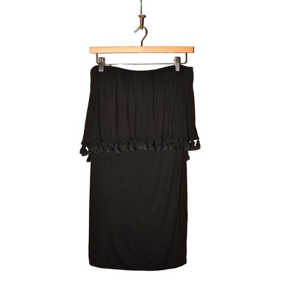 TRINA TURK $298 Bumble Strapless Tassel Dress Black Stretch Knit Small - Picture 1 of 4